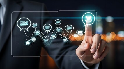 A businessman interacting with a futuristic digital interface with various icons and symbols