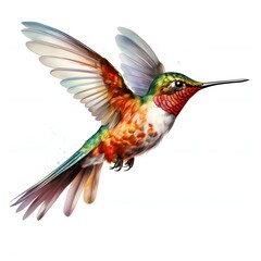 Obraz premium Vibrant rufous hummingbird soars with iridescent wings on white backdrop