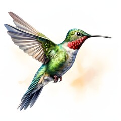Fototapeta premium Watercolor painting of a ruby throated hummingbird in mid flight