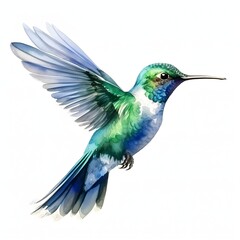 Fototapeta premium Hummingbird in flight with wings spread on a white background in watercolor style