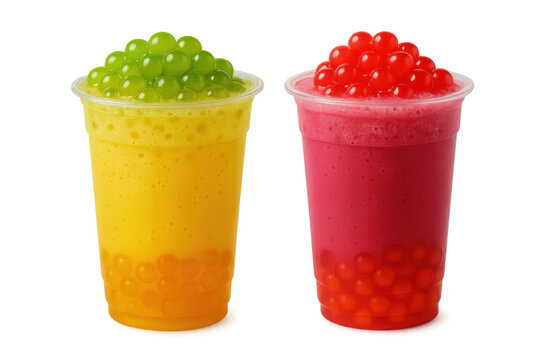 Bubble tea drinks in plastic cups with colorful smoothie and fruit popping boba, transparent background
