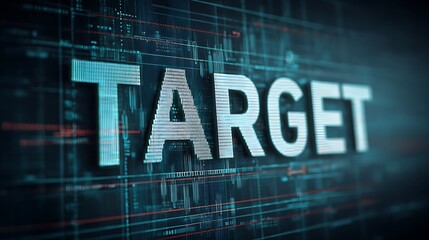Futuristic target concept with digital grid background and metallic text.