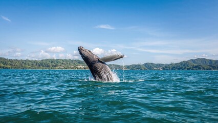 Humpback whale breaching from the ocean with a scenic coastline in the background. Marine life and nature exploration. Ocean wildlife and aquatic animals.