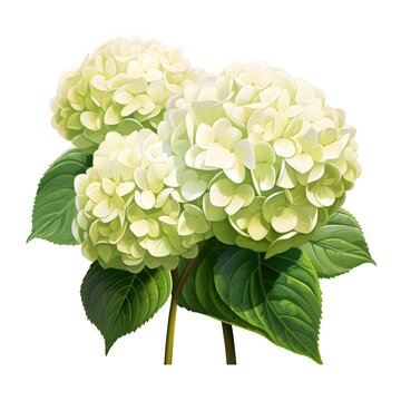 Lush white hydrangeas in full bloom with leaves and stems illustration