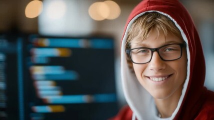 Coding Confidence: A young individual, radiating intelligence and ease, is captured in a vibrant portrait while working on a computer, embodying a modern approach to the world of technology.