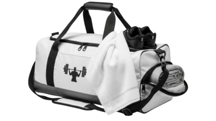 White gym bag with black trim and weightlifter logo with black sneakers and towel
