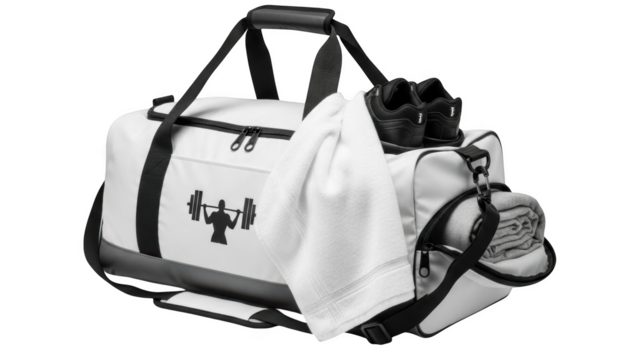 White gym bag with black trim and weightlifter logo with black sneakers and towel - Powered by Adobe