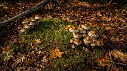 Obraz premium Cluster of mushrooms on moss-covered ground in autumn forest with fallen leaves and fallen branch.