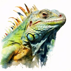 Fototapeta premium Watercolor illustration of a green iguana with orange and yellow spines