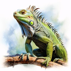 Obraz premium Watercolor painting of an iguana sitting on a branch in a tropical setting