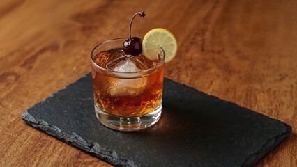 A glass of whiskey with a cherry and lemon slice garnishing, served on a slate coaster on a wooden table.