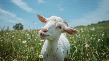 Obraz premium Young goat in a green meadow with daisies under a blue sky.