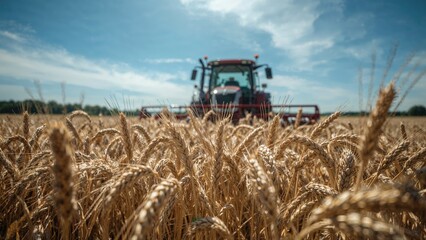 Obraz premium Tractor working in a wheat field during daytime with a blue sky and clouds, agriculture, farming, machinery, and rural landscape.