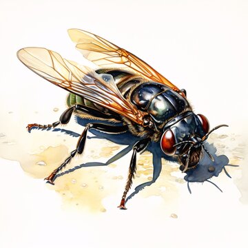 Detailed watercolor painting of a black blowfly with golden wings on a white background