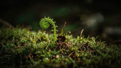 Young fern frond unfurling from moss in a natural setting