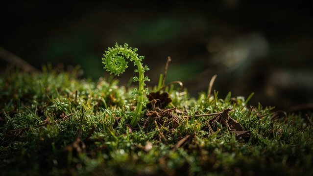 Young fern frond unfurling from moss in a natural setting