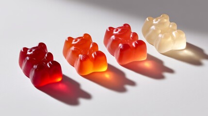 Colorful gummy bears lined up on a smooth surface. Each bear showcases its unique flavor through vibrant colors. Perfect for candy lovers and sweet treats. Enjoy the fun textures and shapes. AI