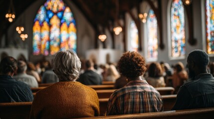 A group of people sit in a church