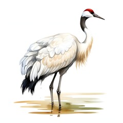 Fototapeta premium Elegant watercolor illustration of a whooping crane wading in shallow water