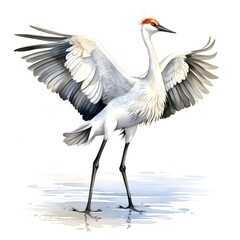 Fototapeta premium Elegant whooping crane standing tall with its wings outstretched in a watercolor art style