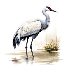 Obraz premium Elegant whooping crane stands gracefully in shallow water with muted surroundings