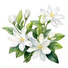 Fototapeta premium Elegant bouquet of white magnolia flowers with lush green leaves illustration
