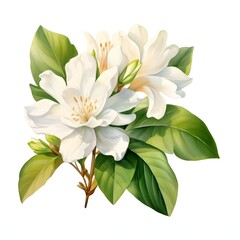 Elegant white magnolia blossoms with leaves and stem on a white backdrop