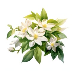 Blooming white magnolia flowers with green leaves on a white background