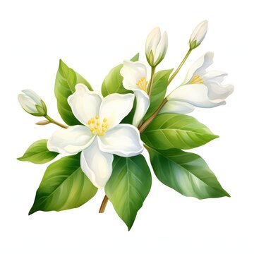 Elegant mock orange blossom illustration with lush green leaves on a white background