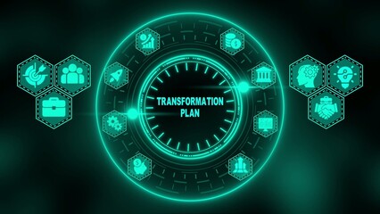 Transformation plan concept with glowing teal clock and business