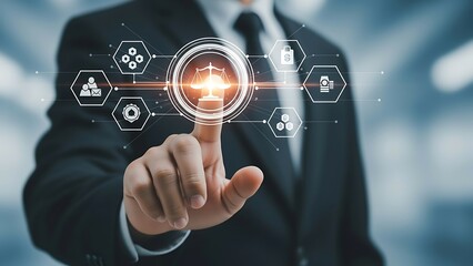 Businessman interacting with a futuristic digital interface in a professional setting with technology and innovation elements