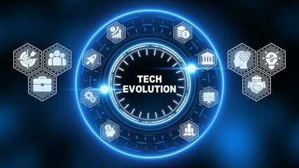 Blue neon tech evolution clock with business and technology