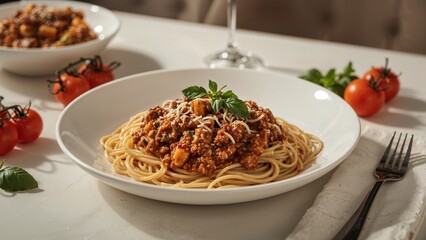 Plate of spaghetti with meat sauce garnished with herbs, surrounded by cherry tomatoes and a fork on a white tablecloth.