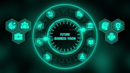 Future business vision concept with glowing teal clock and hexagons business strategy