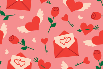 Valentine's Day seamless pattern with love letter, rose; hearts with arrow, key and wings; february background- vector illustration
