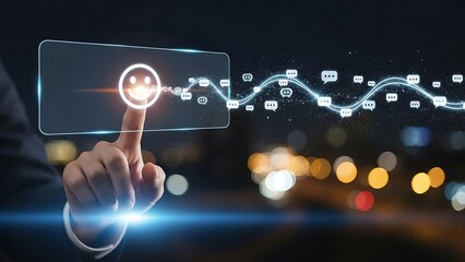 A futuristic interface with a hand interacting with a virtual graph and data points in a cityscape at night with glowing lights