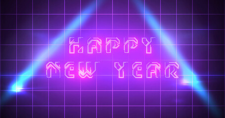 Techno style corporate structure wishing HAPPY NEW YEAR neon bg. Light shimmering light-leaks glowing grid club retro themed animation. Joyful welcome animation 2026 luxurious royal bg seasonal.