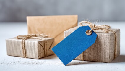 Gifts wrapped in brown paper and twine with a blue tag and envelope