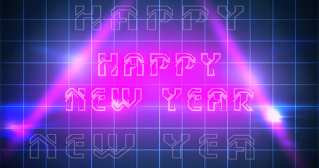 Techno style corporate structure wishing HAPPY NEW YEAR neon bg. Light shimmering light-leaks glowing grid club retro themed animation. Joyful welcome animation 2026 luxurious royal bg seasonal.