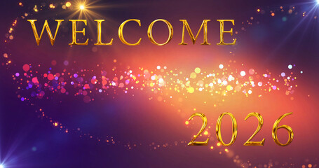 Gold Welcome 2026 Happy New Year Announcement animation. Fairy dust revealing gold lettered text company content business firm wishing bg. Greeting card banner for social media posts festive bg