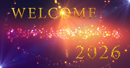 Gold Welcome 2026 Happy New Year Announcement animation. Fairy dust revealing gold lettered text company content business firm wishing bg. Greeting card banner for social media posts festive bg