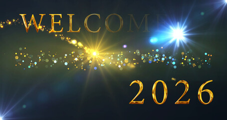 Gold Welcome 2026 Happy New Year Announcement animation. Fairy dust revealing gold lettered text company content business firm wishing bg. Greeting card banner for social media posts festive bg