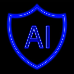 AI Security Shield in Neon Blue. Artificial Intelligence Defense. Glowing AI Protection.security Shield Logo