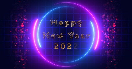 Gold motion graphics glittering neon circle Happy New Year 2026 wishing bg. Shiny glowing metallic text with fairy dust revealing it, neon circle frame. Announcement social media banner posts bg