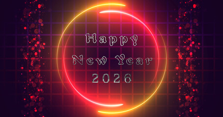 Gold motion graphics glittering neon circle Happy New Year 2026 wishing bg. Shiny glowing metallic text with fairy dust revealing it, neon circle frame. Announcement social media banner posts bg