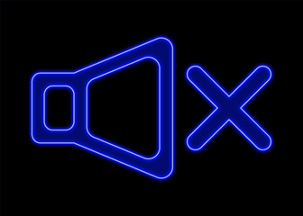 Muted Sound Icon in Neon Blue. Glowing Muted Speaker.  No Sound Neon Sign
