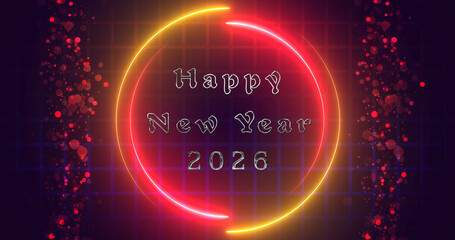 Gold motion graphics glittering neon circle Happy New Year 2026 wishing bg. Shiny glowing metallic text with fairy dust revealing it, neon circle frame. Announcement social media banner posts bg