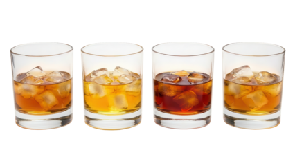 Four clear glasses filled with ice cubes and various amber brown drinks isolated PNG with Transparent Background