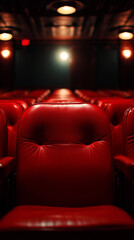 Obraz premium Empty luxurious red leather theater seats face dark stage illuminated by soft overhead lights