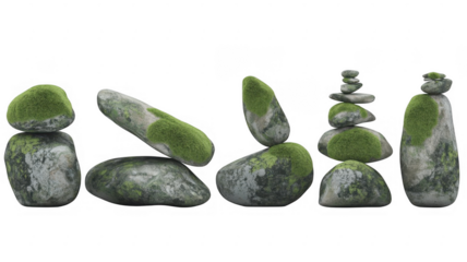 Moss covered stones stacked various formations isolated on a transparent background